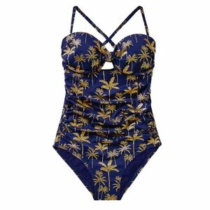 Boden Navy and Gold Palm Print One Piece Swimsuit